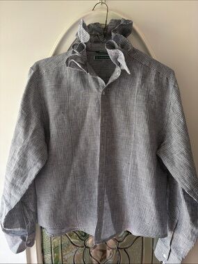 Ruffle Collar by CubaVera Black & White Check button down 100% Linen